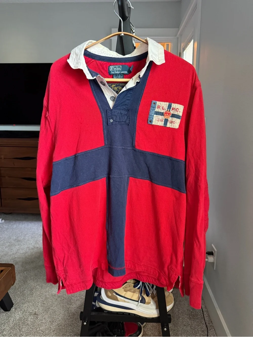 Polo by Ralph Lauren Red & Navy Cross-Panel Rugby Shirt with White Collar